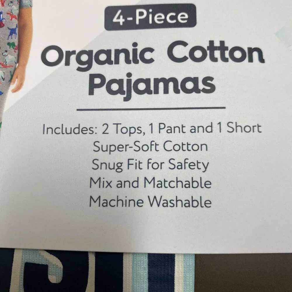 Members Mark 4-Piece Organic Cotton‎ Pajamas Set Kids 5T NWT